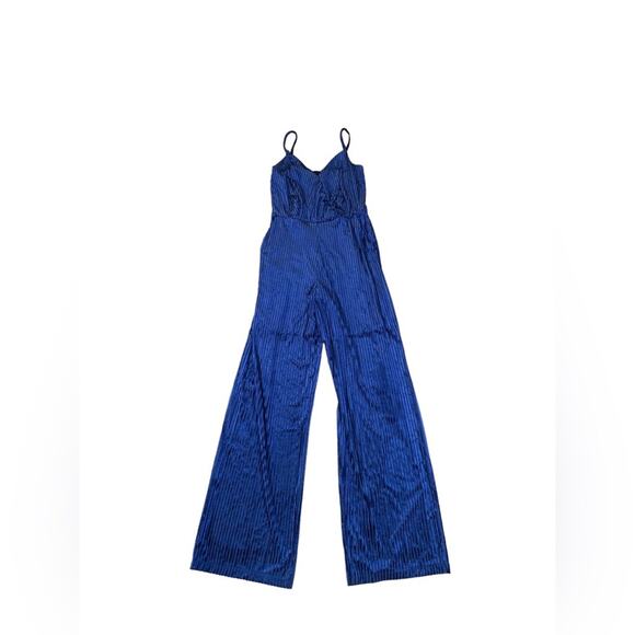 Laundry by Shelli Segal Velvet Burnout Striped Jumpsuit Navy Size 10 - Picture 4 of 11